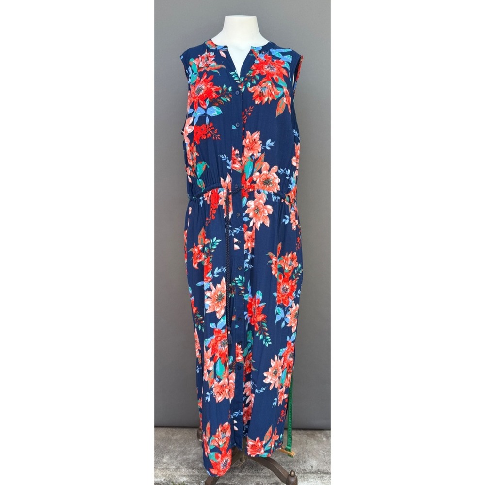 Talbots Woman Plus Blue Multi Floral Maxi Dress 20W Button Front Summer Feminine